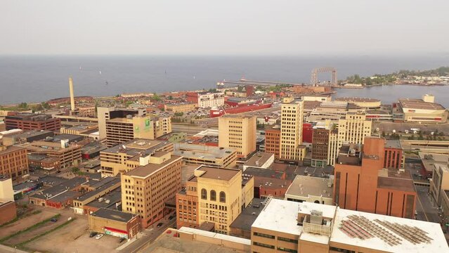 Aerial view of Downtown Duluth, Minnesota, United States. Cityscape, skyline. Spring Summer, sunset