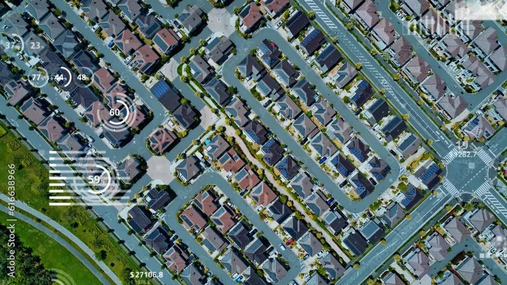 Poster Modern residential are and statistics data concept. Local economy. Smart house. Digital transformation. Composite visual with a drone point of view. Mixed media.