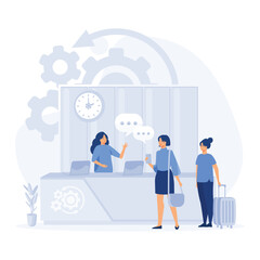 Hotel reception,  tourist standing at desk in office lobby room interior, registration hotel service background,  flat vector modern illustration