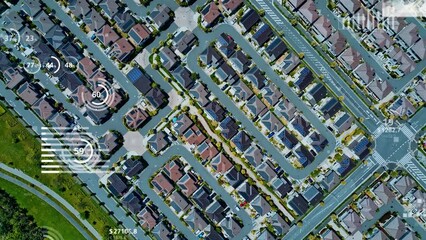 Modern residential are and statistics data concept. Local economy. Smart house. Digital transformation. Composite visual with a drone point of view. Mixed media. - Powered by Adobe