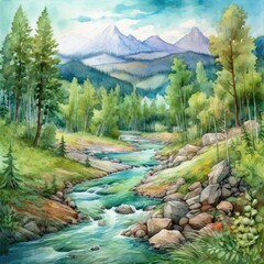Fototapeta premium A beautiful watercolor landscape with mountains, forest and river. (Illustration, Generative AI)