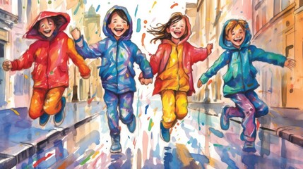 Children in bright raincoats jump and laugh in puddles. (Illustration, Generative AI)