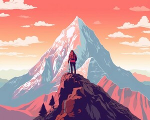 A hiker atop a mountain peak. (Illustration, Generative AI) - 616639139
