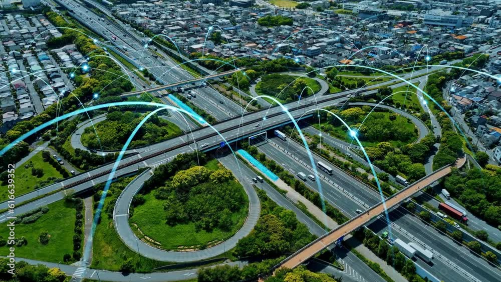 Poster Modern highway and communication network concept. Smart transportation. ITS (Intelligent Transport Systems). Mobility as a service.Composite visual with a drone point of view. Mixed media.