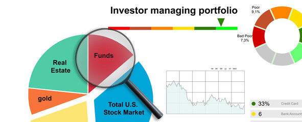 Expensive gold fountain pen pointing to moderate asset allocation pie chart on desk
