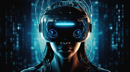 woman in vr helmet on virtual reality background. future technologies, cyber attacks. generative AI
