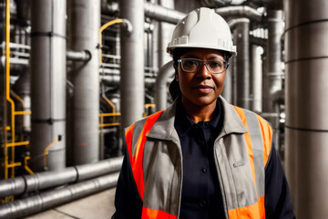 Digital portrait of a senior successful confident professional female Petrochemical engineer standing in a a Chemical plant. Concept of active age. Generative AI