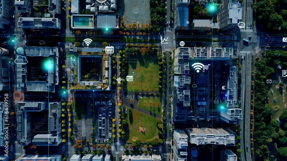 Poster Modern cityscape and communication network concept. Telecommunication. IoT (Internet of Things). 5G. Smart city. Digital transformation. Composite visual with a drone point of view. Mixed media.