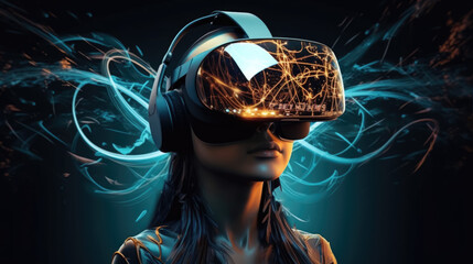 Illustration of woman in vr helmet on virtual reality game background. Generative AI