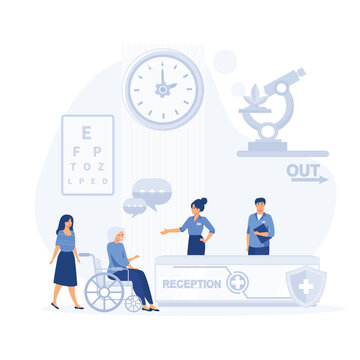 Reception In Hospital With Patients. Waiting Room With Disabled, Flat Vector Modern Illustration