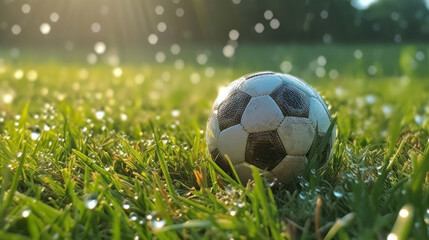 Fototapeta premium A soccer ball on the grass with dew