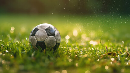 Naklejka premium A soccer ball on the grass with dew