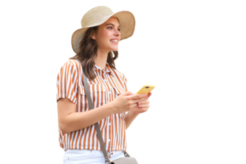 Happy beautiful young brunette girl using mobile phone on a transparent background