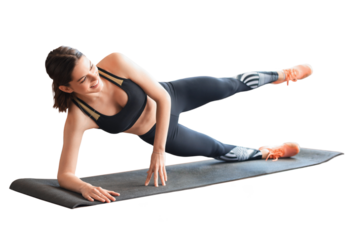 Fitness beautiful slim woman doing side plank on a transparent background.