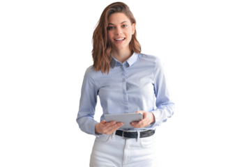 Attractive smiling woman working on a tablet on a transparent background