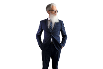 Stylish bearded man in a suit standing on a transparent background