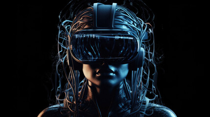 woman in vr helmet on virtual reality background. future technologies, cyber attacks. generative AI