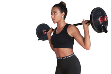 Beautiful woman exercising squatting with barbell on a transparent background