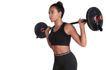 Beautiful woman exercising squatting with barbell on a transparent background