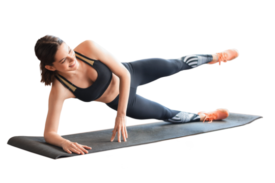 Fitness beautiful slim woman doing side plank on a transparent background.