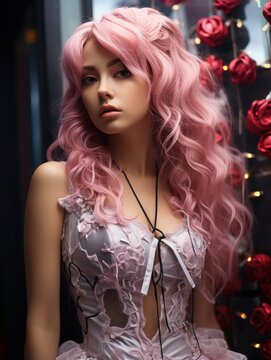 Beautiful hot girl with pink hair in the style of Sailor Moon