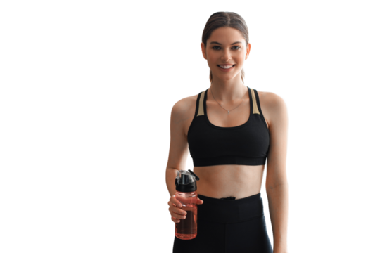 Young beautiful woman standing with dumbbell and drink water after exercising looking camera on a transparent background. Attractive female bodybuilder working out. 