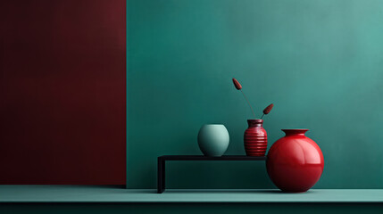 A simple geometric composition with a green and red  vase with flowers on dark green and red background