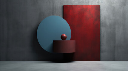 Simple geometric composition with a red ball on table  on dark gray and red background