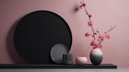 A simple geometric composition with pink vase with flowers and black vase on pink background