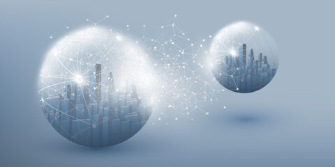 Futuristic Smart City, IoT and Cloud Computing Design Concept with Polygonal Mesh, Cluster, Nodes - Complex Hyper Fast Digital Network Connections Between Cities, Global Technology Vector Background © bagotaj