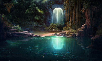  a painting of a waterfall and a lake in a forest.  generative ai