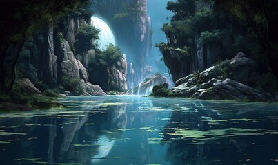  a painting of a river with a waterfall in the middle of it.  generative ai