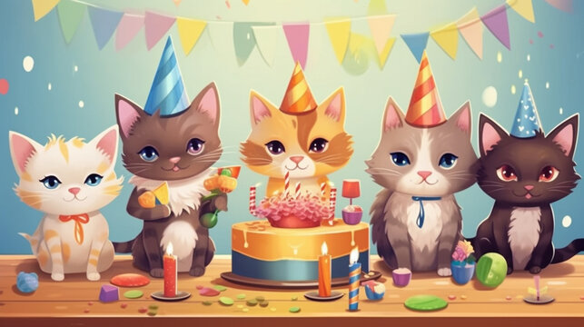 Katzenfest: Geburtstagsfeier mit Kätzchen, Kuchen und Kerzen