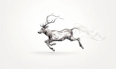  a black and white photo of a running deer with antlers.  generative ai
