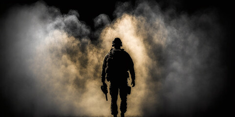 Silhouette of a military man standing on a dark background and smoke - obrazy, fototapety, plakaty