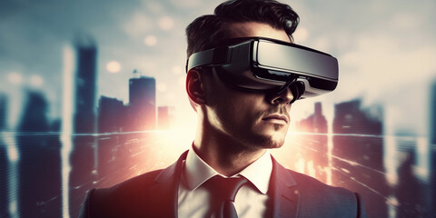 Businessman in virtual reality glasses on bright blurred background