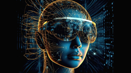 woman in vr googles on virtual reality background. future technologies, cyber attacks. generative AI - obrazy, fototapety, plakaty
