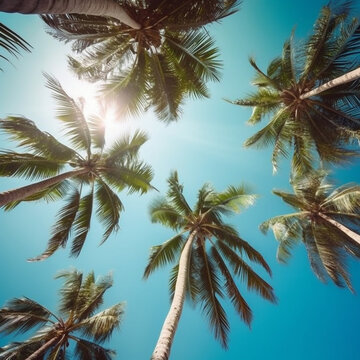 Blue sky and palm trees view from below, vintage style, tropical beach and summer background, travel concept