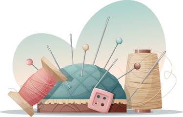 Illustration of a needle bed with pins, threads and a button on a white background. Sewing tools, needlework, hobby, craft, workplace.
