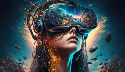 Illustration of woman in vr helmet on virtual reality game background. Generative AI © zamuruev
