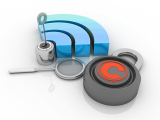 3d illustration WiFi symbol with key and lens near copyright lock 
