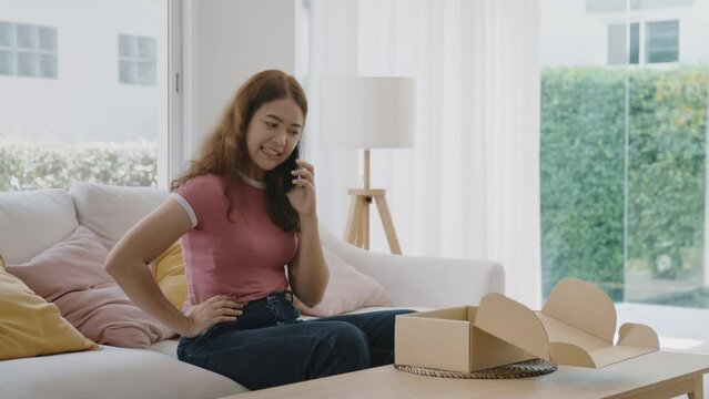 Upset asia people young Gen Z anger argue fight phone call on damage post mail box buy at home online shop retail store. Shock sad rude woman unbox wrong product order bad shipping CRM buyer service.