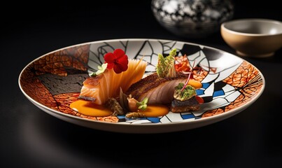  a plate of food on a table with a bowl in the background.  generative ai