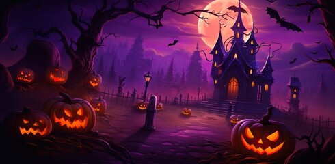 Fototapeta premium halloween themed cartoon background with pumpkins, creepy ghosts, and witches, in the style of dark pink and orange