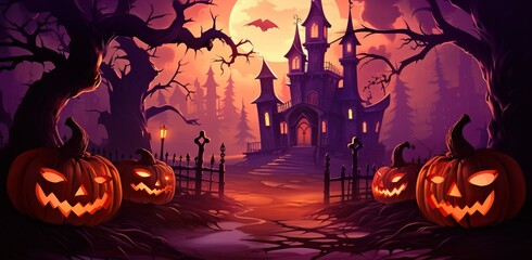 Fototapeta premium halloween themed cartoon background with pumpkins, creepy ghosts, and witches, in the style of dark pink and orange