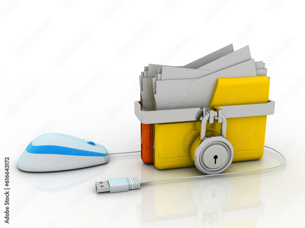 Poster 3d rendering yellow folder protection lock connected mouse . data security concept