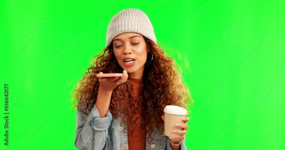Poster speaker, phone call and happy woman in green screen studio with coffee while speaking on mockup back