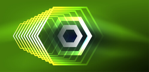 Hexagon abstract background. Techno glowing neon hexagon shapes vector illustration for wallpaper, banner, background, landing page, wall art, invitation, prints, posters