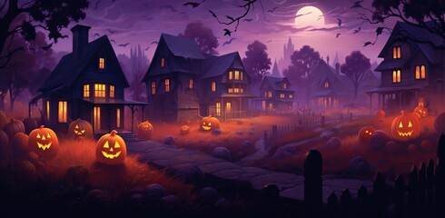 halloween themed cartoon background with pumpkins, creepy ghosts, and witches, in the style of dark pink and orange