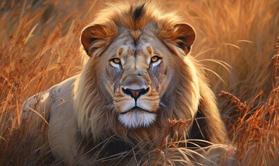 Naklejka premium a close up of a lion in a field of tall grass. generative ai